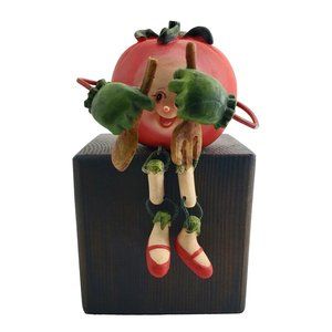 Anthropromorphic Shelf Sitter Red Tomato w/Wooden Spoon & Fork Resin & Metal VTG